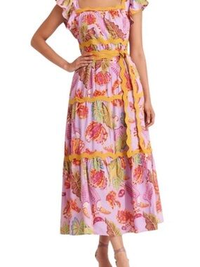 FARM RIO EXCELLENT CONDITION Floral Lavender Maxi Dress with Yellow Trim